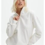 Kadın 3 İplik Pamuklu Oversize Yarım Fermuarlı Yakalı Basic Sweatshirt - Beyaz