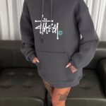 Oversize Kapüşonlu Cepli Baskılı 3 İplik Pamuklu Hoodie Sweatshirt - Füme