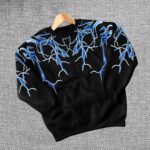 Kadın Yıldırım Baskılı Bisiklet Yaka 3 iplik pamuklu Sweatshirt - Siyah
