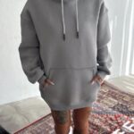 Kadın Kapüşonlu Kanguru Cepli 3 İplik Pamuklu Oversize Hoodie Sweatshirt -  Boyalı Gri