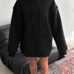 Kadın Kapüşonlu Kanguru Cepli 3 İplik Pamuklu Oversize Hoodie Sweatshirt - Siyah