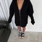 Kadın Tam Fermuarlı Cepli Kapüşonlu 3 iplik pamuklu hoodie Sweatshirt - Siyah