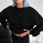 Kadın Bisiklet Yaka 3 İplik Pamuklu Basic SweatShirt - Siyah