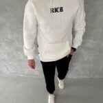 Erkek Kapüşonlu Kanguru Cepli Sweatshirt 3 İplik Pamuklu Baskılı Hoodie -  Beyaz