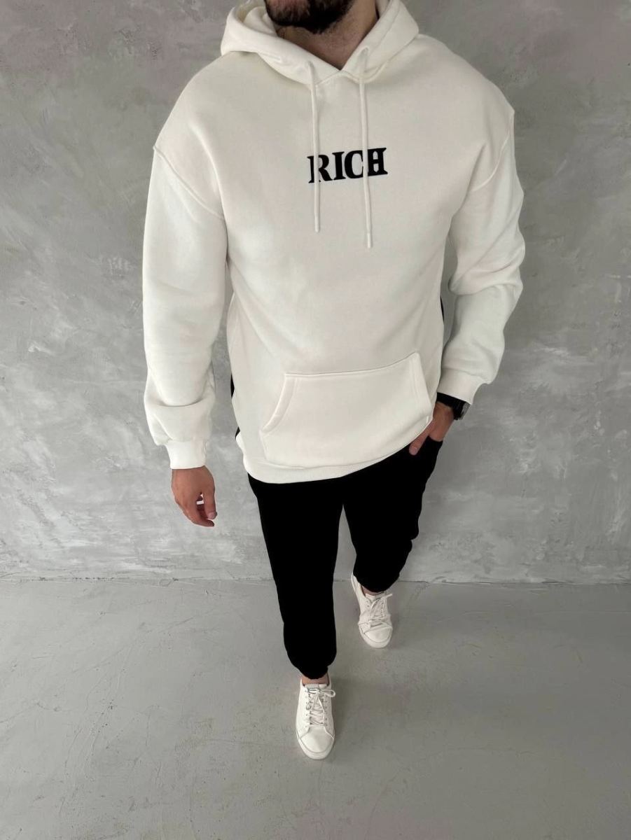 vlmrtr-6964_uzun-kol-kapsonlu-gogus-baskili-sweatshirt-beyaz-17114737-sw960sh1279-3738yo73.jpg Erkek Kapüşonlu Kanguru Cepli Sweatshirt 3 İplik Pamuklu Baskılı Hoodie - Beyaz - Görsel 1