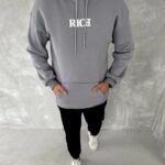 Erkek 3 İplik Pamuklu Kapüşonlu Kanguru Cepli Baskılı Oversize Hoodie Sweatshirt - Gri