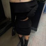 Kadın Straplez , Madonna , Carmen Yaka Croplu Mini Etekli ikili Alt-Üst Takım Triko - Siyah