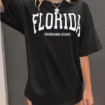 Kadın Kısa Kol Yazlık Tişört Bisiklet Yaka FLORIDA Baskılı T-Shirt - Siyah