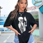 Kadın iskelet Baskılı T-Shirt Kısa Kol Bisiklet Yaka Oversize Tişört - Siyah