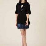 Kadın Papatya Baskılı T-Shirt Kısa Kol Bisiklet Yaka Oversize  Tişört - Siyah