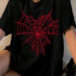 Kadın Örümcek Ağ Baskılı T-Shirt Kısa Kol Bisiklet Yaka Oversize Tişört - Siyah