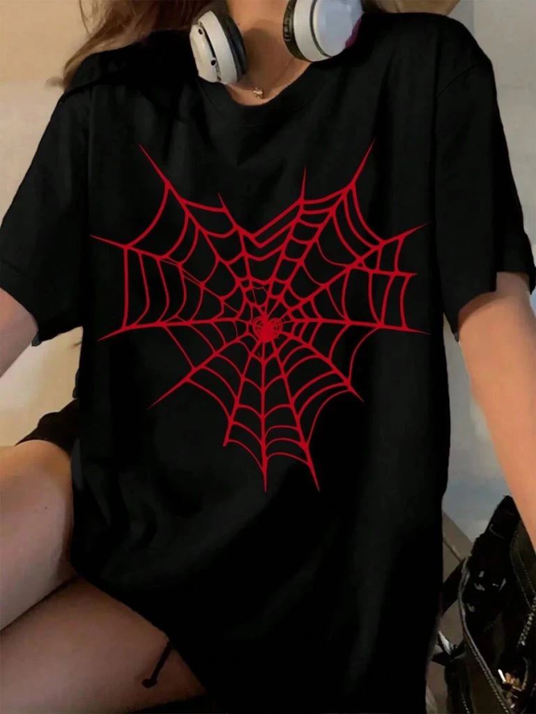 vlmrtr-7693_baskili-kadin-t-shirt-siyah-27744756-sw769sh1024-2zx6kh2q.jpg Kadın Örümcek Ağ Baskılı T-Shirt Kısa Kol Bisiklet Yaka Oversize Tişört - Siyah - Görsel 1