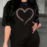 Kalp Baskılı T-Shirt Bisiklet Yaka Oversize T-Shirt - Siyah