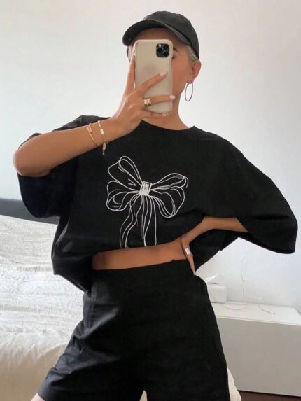 Fiyonk Baskılı T-Shirt Bisiklet Yaka Oversize T-Shirt - Siyah
