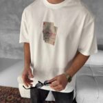 T-Shirt Ön ve Arka Baskılı Oversize Bisiklet Yaka T-Shirt - Beyaz