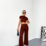 Kadın Osy Modal Yumuşak Kumaş Kısa Kollu Crop Alt ispanyol Paça Pantolon ikili Takım - Kahverengi