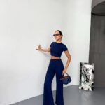 Kadın Osy Modal Yumuşak Kumaş Kısa Kollu Crop Alt ispanyol Paça Pantolon ikili Takım - Lacivert