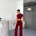 Kadın Osy Modal Yumuşak Dokulu Kumaş Kısa Kollu Crop Alt ispanyol Paça Pantolon ikili Takım - Bordo
