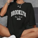 Brooklyn Baskılı T-Shirt Bisiklet Yaka Oversize T-Shirt - Siyah
