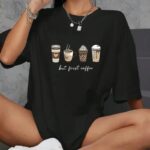 Kadın Kahve Desen Baskılı Tişört Kısa Kol Bisiklet Yaka Oversize T-Shirt - Siyah