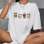 Kahve Desen Baskılı T-Shirt Bisiklet Yaka Oversize T-Shirt - Beyaz