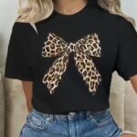 Leopar Desenli Fiyonklu Baskılı T-Shirt Bisiklet Yaka Oversize T-Shirt - Siyah