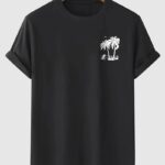 Erkek Kısa Kol Yazlık Tişört Bisiklet Yaka Palmiye Baskılı T-Shirt - Siyah
