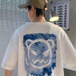 Erkek Tişört Bisiklet Yaka Kore sevimli ayı baskı Kısa Kol T-Shirt  - Beyaz