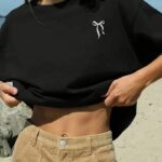 Kadın Tişört fiyonk baskılı Bisiklet yaka yazlık Kısa Kol oversize t-shirt - Siyah