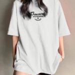 Kadın Baskılı Tişört Bisiklet yaka yazlık Kısa Kol oversize t-shirt - Beyaz
