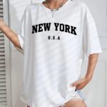 Kadın New York Baskılı Tişort Kısa Kol Bisiklet Yaka T-shirt - Beyaz