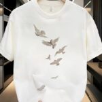 ERKEK Bisiklet yaka Tişört Özgür kuşlar Baskılı kısa kol T-shirt - Beyaz