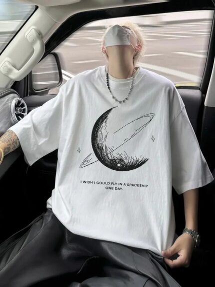 Baskılı T-Shirt Bisiklet Yaka Oversize T-Shirt - Beyaz