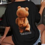 T-Shirt Büyük Boy Ayıcık Baskılı Bisiklet t-shirt - Siyah