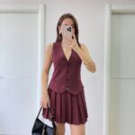 Keten Takım Görünümlü Düğme Detaylı Yelekli Mini Elbise - Bordo