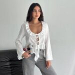Kadın Keten Uzun Kol Bağacık Detaylı Bluz - Beyaz
