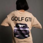 Kadın Oversize Tişört Golf GTI Retro Araba Baskılı T-shirt - Bej