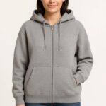 Kadın 3 İplik Pamuklu Kapüşonlu Tam Fermuarlı Kanguru Cepli Sweatshirt Hoodie - Gri