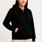 Kadın 3 İplik Kapüşonlu Tam Fermuarlı Kanguru Cepli Sweatshirt Hoodie - Siyah