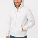 Erkek 3 İplik Pamuklu Kapüşonlu Tam Fermuarlı Cepli Hoodie Sweatshirt - Beyaz