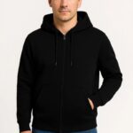 Erkek 3 İplik Pamuklu Kapüşonlu Tam Fermuarlı Cepli Hoodie Sweatshirt - Siyah