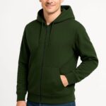 Erkek 3 İplik Pamuklu Kapüşonlu Tam Fermuarlı Cepli Hoodie Sweatshirt - Haki