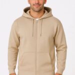 Erkek 3 İplik Pamuklu Kapüşonlu Tam Fermuarlı Cepli Hoodie Sweatshirt - Bej