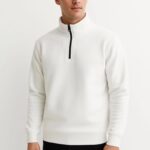 Erkek Dik Yaka Yarım Fermuarlı 3 İplik Pamuklu Sweatshirt - Beyaz