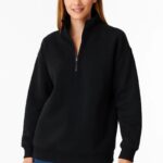 Kadın 3 İplik Pamuklu Dık Yaka Yarım Fermuarlı SweatShirt - Siyah
