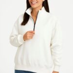 Kadın 3 İplik Pamuklu Dık Yaka Yarım Fermuarlı SweatShirt - Beyaz