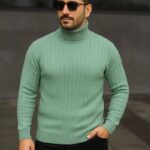 Erkek Tam Boğazlı Balıkçı Yaka Triko Kazak Kalın Fitilli - Mint Yeşili