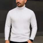 Erkek Tam Boğazlı Balıkçı Yaka Triko Kazak Kalın Fitilli - Beyaz