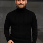 Erkek Tam Boğazlı Balıkçı Yaka Triko Kazak Kalın Fitilli - Siyah