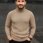 Erkek Tam Boğazlı Balıkçı Yaka Triko Kazak Kalın Fitilli - Bej